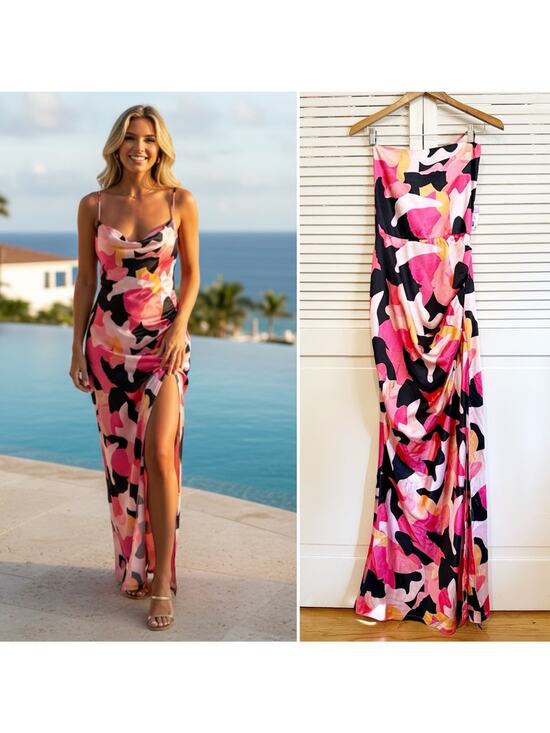 Club L London Dresses & Skirts - NWT NEW Club L London A-List Pink Printed Cowl Neck Satin Maxi Dress
